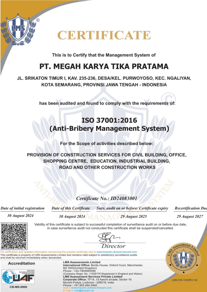 Sertifikat ISO 37001:2016 Anti-Bribery PT Megah Karya Tika Pratama